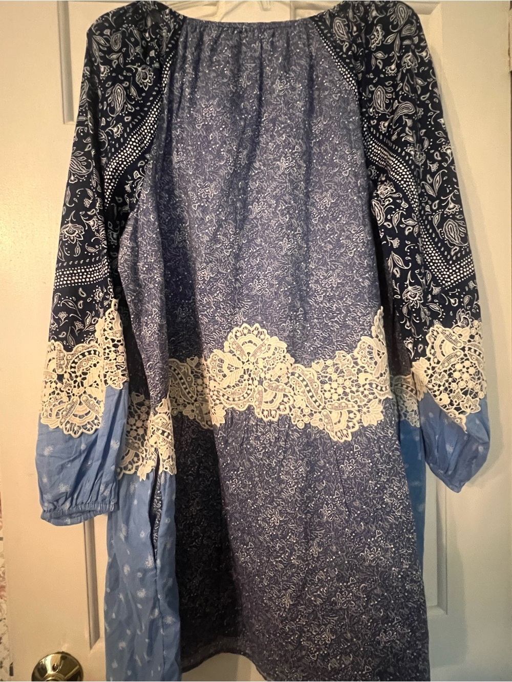 Loft Blue Boho Lace Trim Peasant mini Dress cottage poplin balloon sleeve L cos - Picture 9 of 13